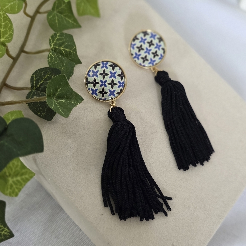 Black Tassel Earrings with Star Flower Design